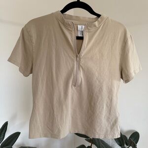 Casual Beige Zip-Up Women's Tee